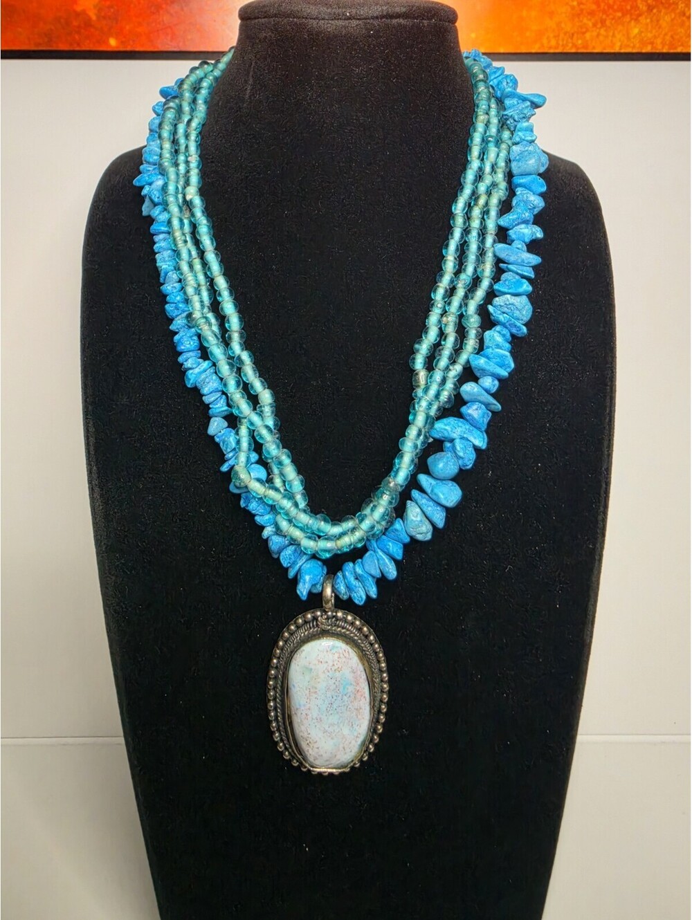 MultiStrand Turquoise Beaded Necklace Silver Tone Large Oval Stone Pendant 16"
